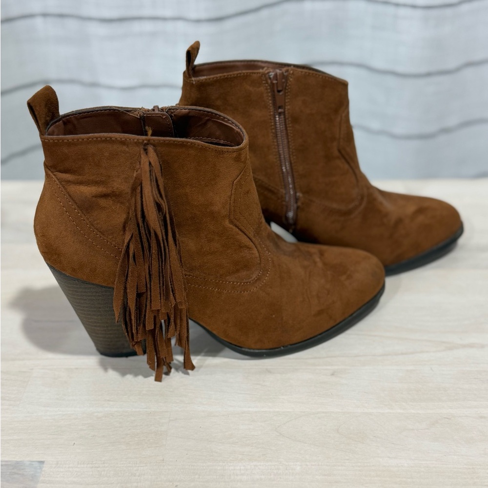 Qupid Brown Ankle Booties with Fringe